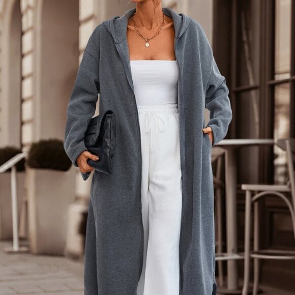 Dark Grey Casual Womens Drop Shoulder Drawstring Hem Zip Up Hoodie - Picture 7 of 7